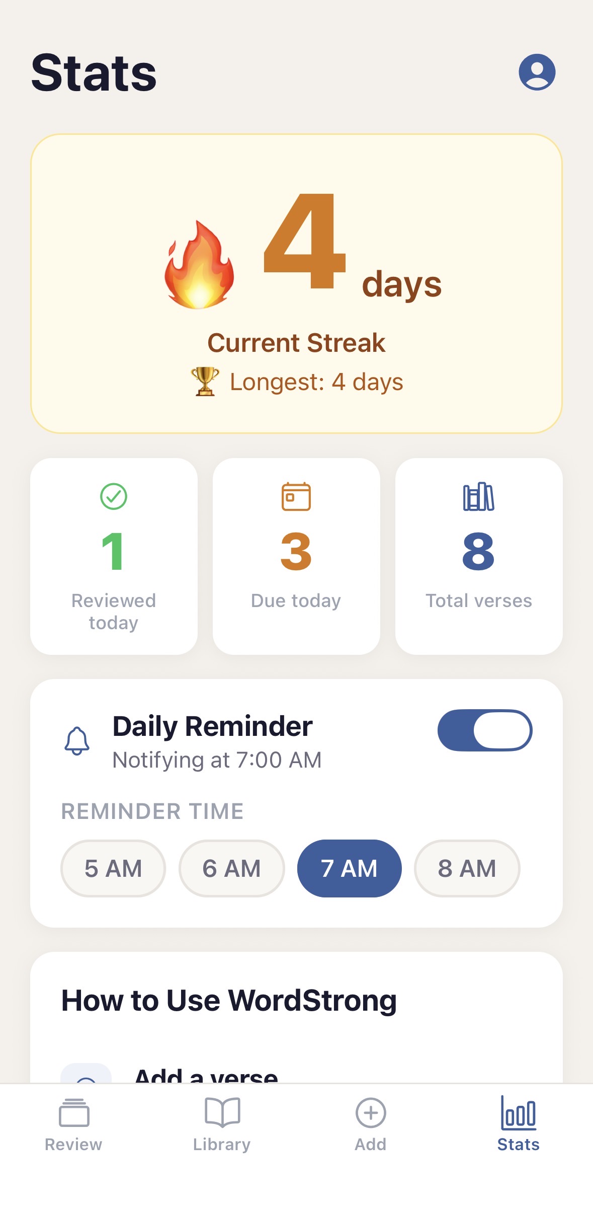 WordStrong Stats screen showing streak